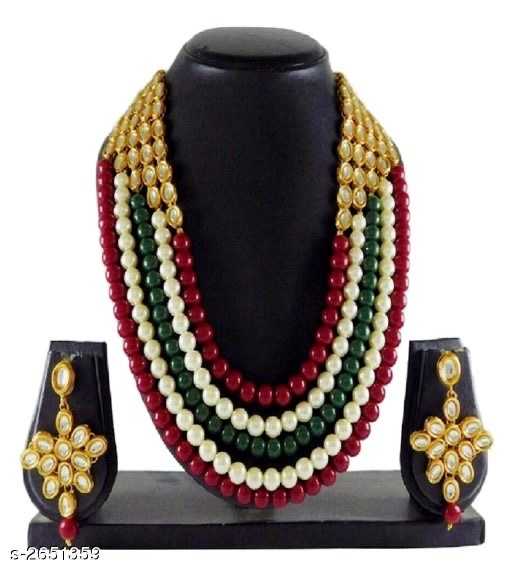 Elegant bridal Multilayered Kundan and Beads Alloy Necklace - 5